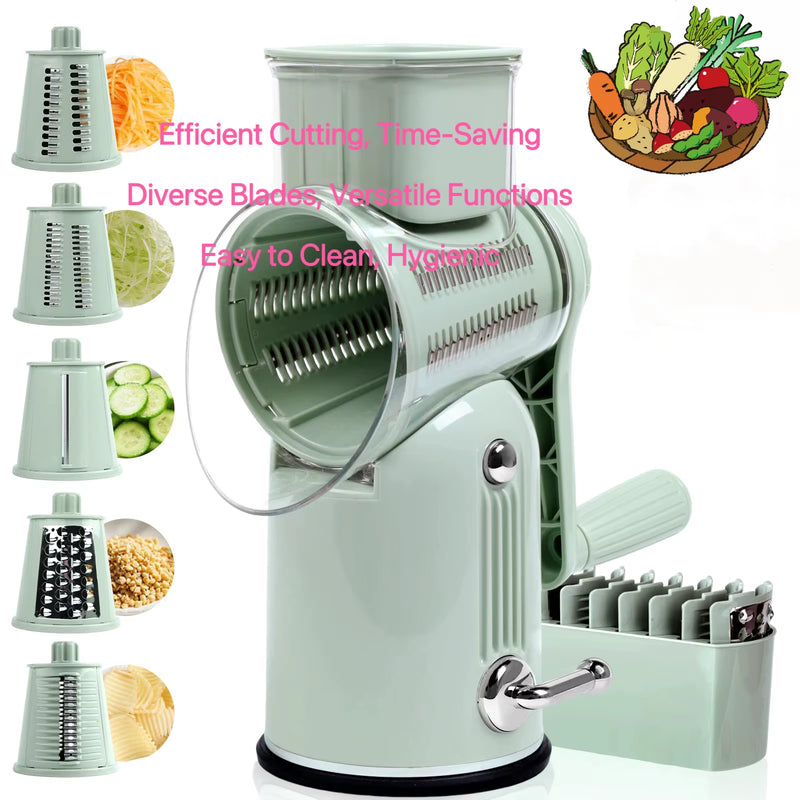 Rotary Cheese Grater with Handle, Vegetable Shredder with 5 Replaceable Blades & Strong Suction Base, round Food Slicer & Choppe